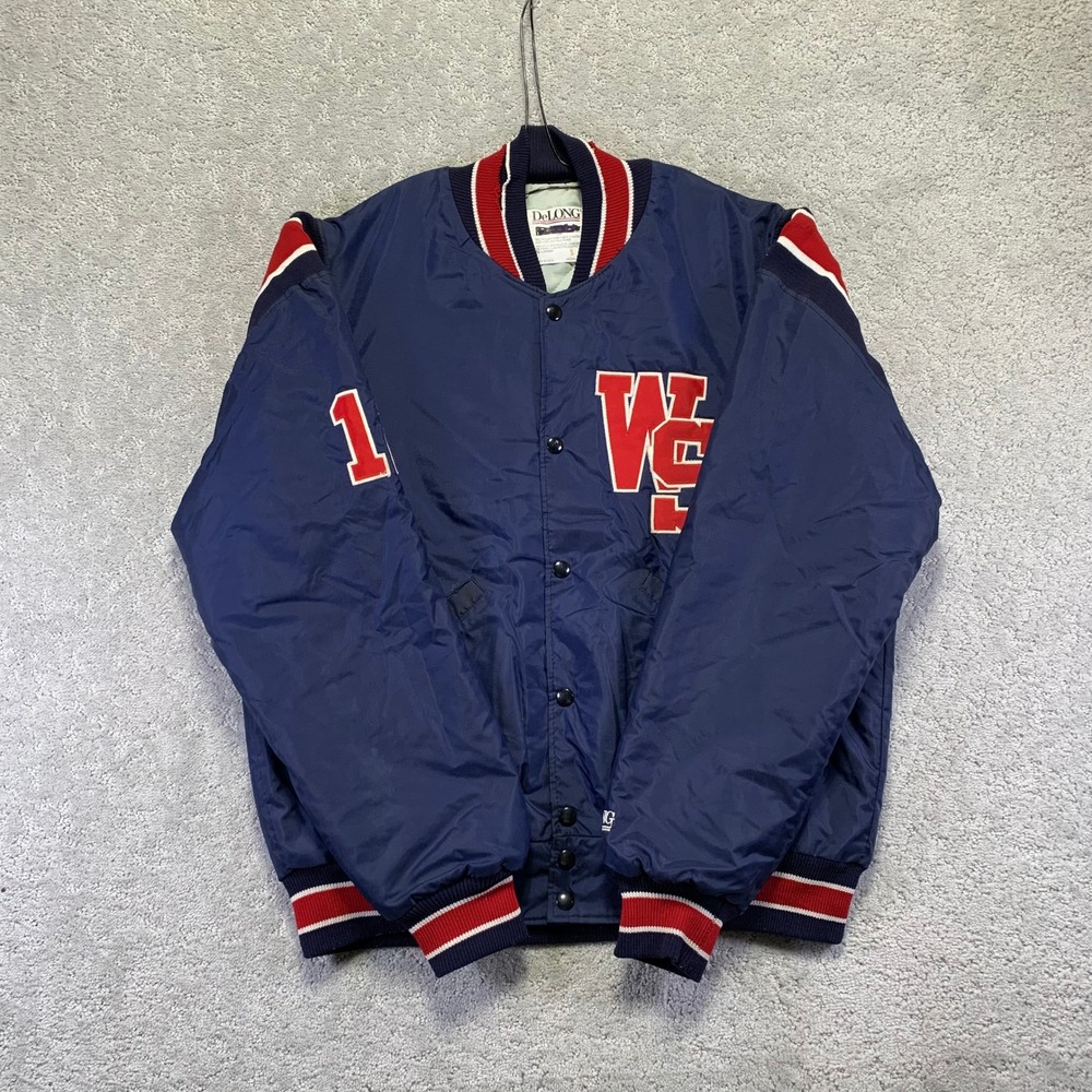 VINTAGE DeLong Varsity Letterman Jacket Mens S Navy Red Mens Quilt‎ Lined USA